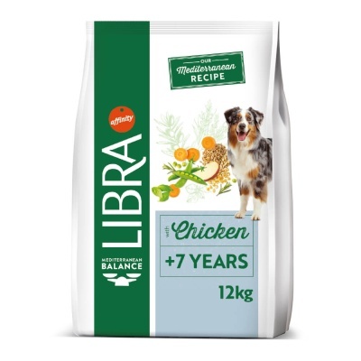Saco de ração para cães LIBRA com receita mediterrânica e sabor frango para cães com mais de 7 anos, 12kg