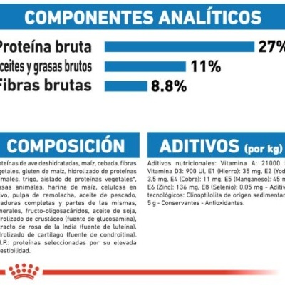 Rótulo de alimento com análise nutricional e composição em espanhol, gráfico azul e texto detalhado