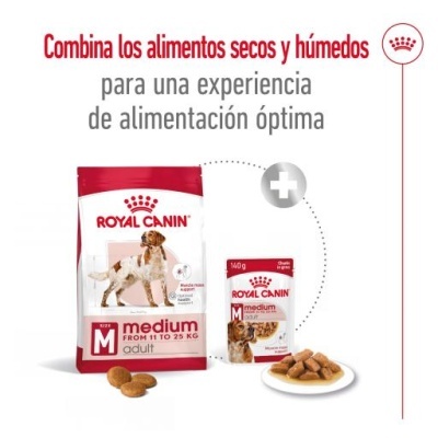Pacote e lata de ração Royal Canin Medium Adult com biscoitos ao lado
