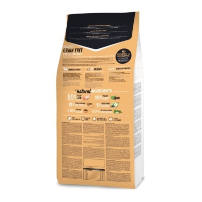 Pacote de ração para animais beige e preto com texto informativo.