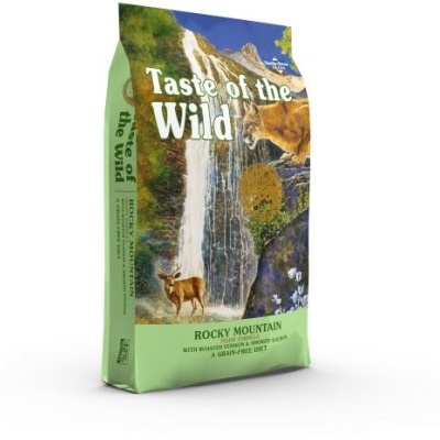 Pacote verde de ração Taste of the Wild Rocky Mountain com imagem de cachorros e cachoeira
