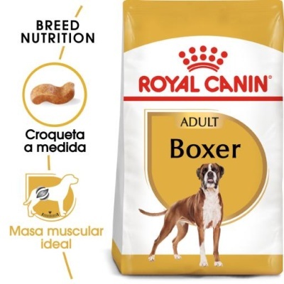 Saco de ração Royal Canin Boxer Adulto com texto e imagem de um cão Boxer
