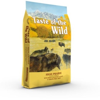 Embalagem amarela de ração 'Taste of the Wild' com bisontes e lobos e texto 'High Prairie'