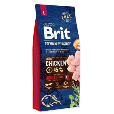 Pacote azul e vermelho de comida para cães Brit com ingredientes de frango para cães adultos de raças grandes.