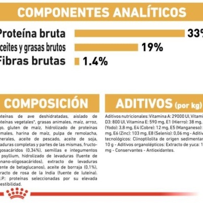 Tabela nutricional de produto em espanhol com componentes analíticos, composição e aditivos.