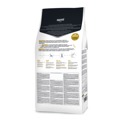 Saco branco de comida para animais Ownat com texto e pictogramas na parte traseira