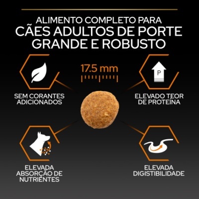 Ração para cães adultos de porte grande e robusto com características nutricionais