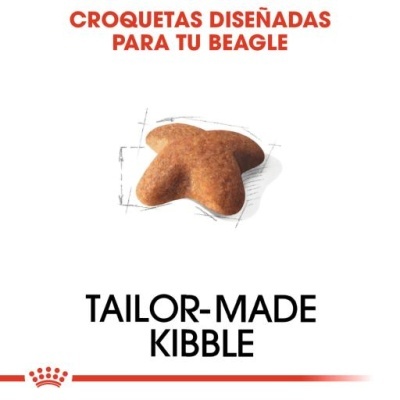 Croquete em forma de osso para cão com texto promocional em espanhol e inglês