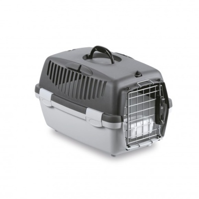 Transportadora para animais de estimação cinzenta e preta com porta de grades metálicas