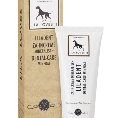 Embalagem castanha e tubo branco de pasta dentífrica mineral para cães da marca LILA LOVES IT