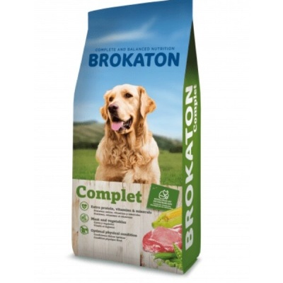 Saco de ração para cães BROKATON Complet com imagem de golden retriever e ingredientes