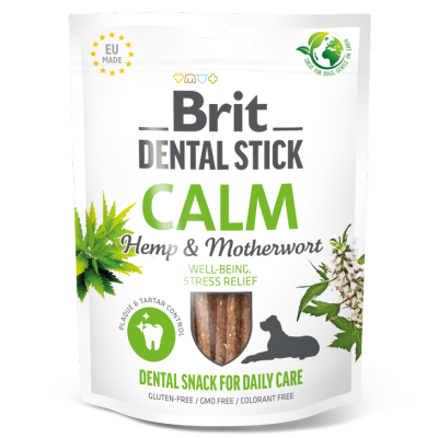 Pacote branco de snacks dentais Brit Dental Stick Calm com sticks visíveis
