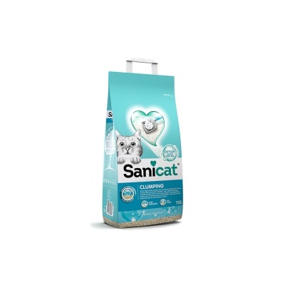 Saco azul e branco de areia para gatos Sanicat Clumping com imagem de gato