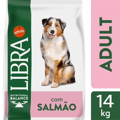 Saco de ração para cães com imagem de um cão e texto da marca Libra