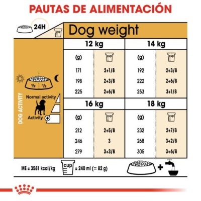 Tabela de alimentação para cães com pesos e quantidades de ração em gramas e chávenas