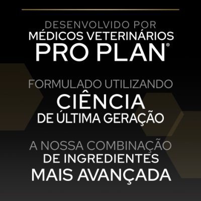 Texto promocional Pro Plan em fundo preto com detalhes cinza e dourado