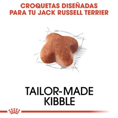 Croquete castanho para cão com texto promocional em espanhol e inglês