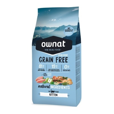 Pacote azul de ração Ownat Prime Grain Free para gatinhos com ingredientes naturais e texto em inglês.