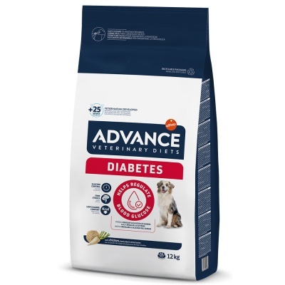Saco de ração Advance Veterinary Diets Diabetes para cães 12kg com imagem de cão e texto informativo