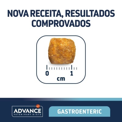 Pedaço de alimento seco com escala de 0 a 1 cm e texto promocional em fundo branco e azul