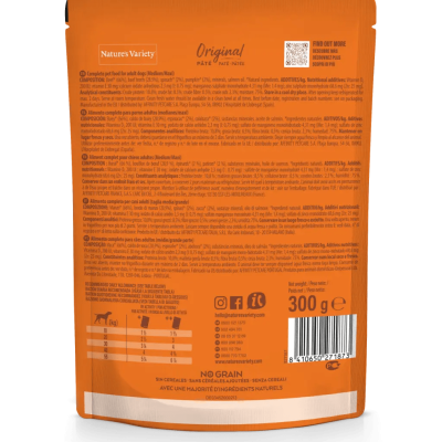 Embalagem laranja traseira do alimento Original da Natures Variety, 300 g, com informações de ingredientes e nutrição.