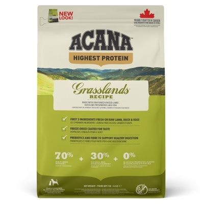 Saco de ração para cães ACANA Grasslands Recipe com embalagem verde e bege