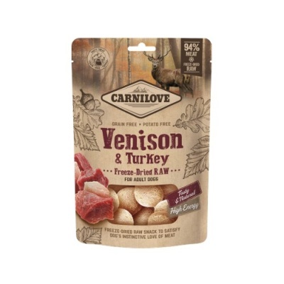 Embalagem snack para cães Carnilove Venison & Turkey com design castanho e imagem de carne crua