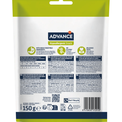 Embalagem branca e verde-limão de snack para animais Advance Hypoallergenic Snack