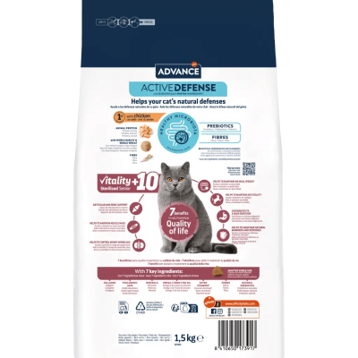 Embalagem de ração para gatos Advance Active Defense Vitality+10 Sterilized Senior
