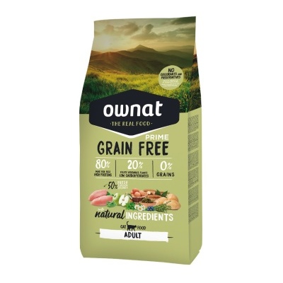 Saco de ração Ownat Prime Grain Free para gatos adultos com ingredientes naturais e sem cereais