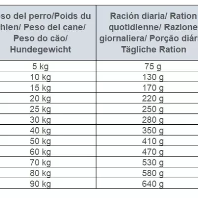 Tabela de ração diária para cães com pesos e quantidades em gramas