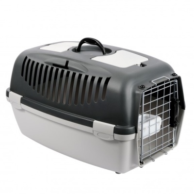 Caixa de transporte para animais plástica cinza e preta com porta metálica