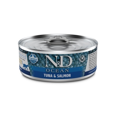 Lata azul e prateada de alimento para animais N&D Ocean Tuna & Salmon