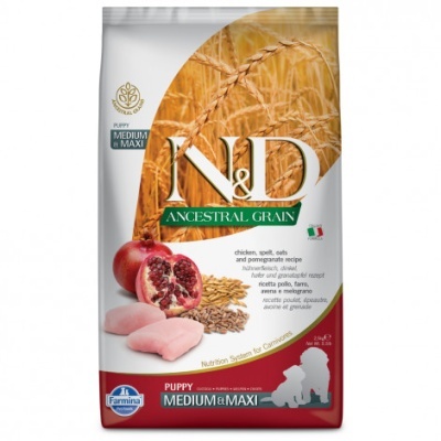 Saco de comida para cães N&D Ancestral Grain Puppy Medium & Maxi com imagens e texto