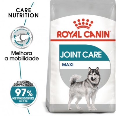 Embalagem de ração Royal Canin Joint Care Maxi para cães com imagem de Husky e texto promocional