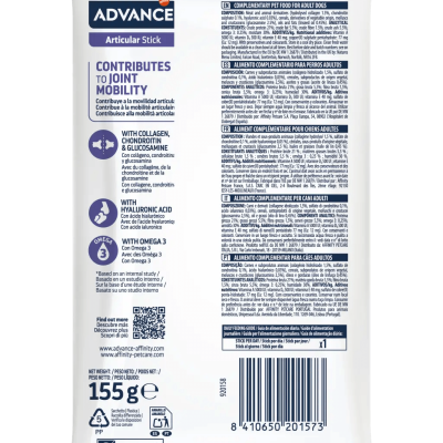 Embalagem traseira azul e branca de snacks para cães Advance Articular Stick 155 g