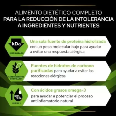Informação sobre alimento dietético para intolerâncias com destaque para proteína hidrolizada, hidratos purificados e omega-3