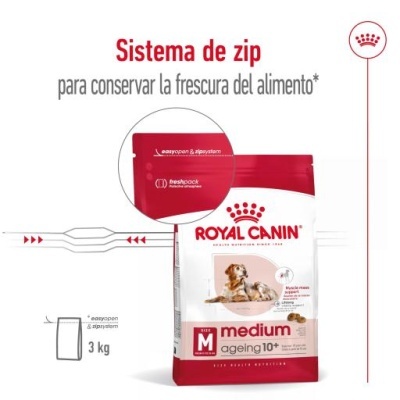 Saco de ração Royal Canin Medium Ageing 10+, vermelho e branco, com imagem de cão