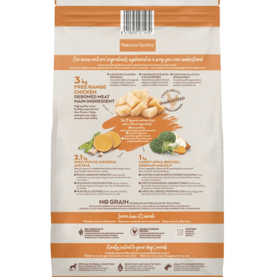 Embalagem traseira de ração para cães Nature's Variety com descrição dos ingredientes e texto em laranja e preto