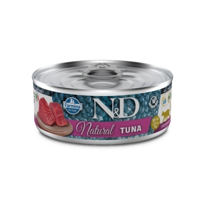 Lata de comida para cães Farmina N&D Natural Tuna com imagem de atum e tampa metálica