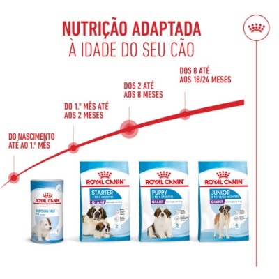 Embalagens Royal Canin para cães com indicação de idade para nutrição adaptada.