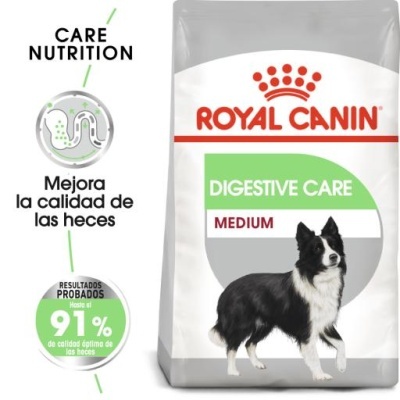 Saco de ração Royal Canin Digestive Care Medium para cães com imagem de cão preto e branco