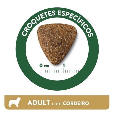Croquete triangular castanho para cão com escala e texto sobre croquetes específicos para adultos com cordeiro