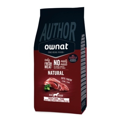 Pacote de comida para cães Ownat Author Natural com imagem de carne fresca e texto detalhado