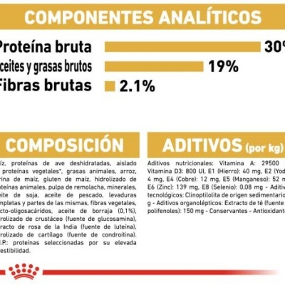Etiqueta de embalagem com componentes analíticos e lista de ingredientes em espanhol
