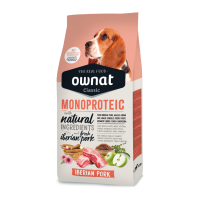 Embalagem de ração Ownat Classic Monoproteic com imagem de cão e ingredientes naturais