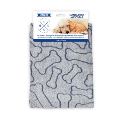 Manta para mascotas cinza com padrão de ossos azuis