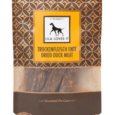 Embalagem de snacks para cães LILA LOVES IT com tiras de carne seca de pato