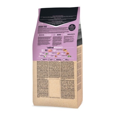 Saco de ração grain free com texto e ilustrações na parte de trás