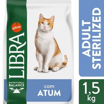 Embalagem de ração para gato LIBRA com imagem de gato e texto de ingredientes e peso